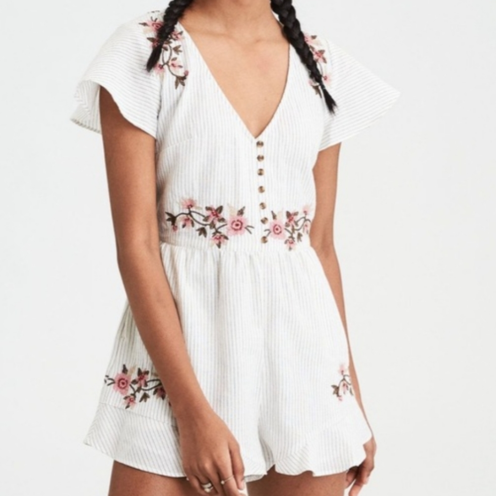 AEO Botton Front Floral Embroidered Striped Ruffle